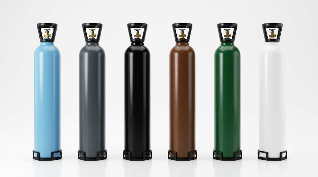Row of industrial high-pressure gas cylinders in different colours