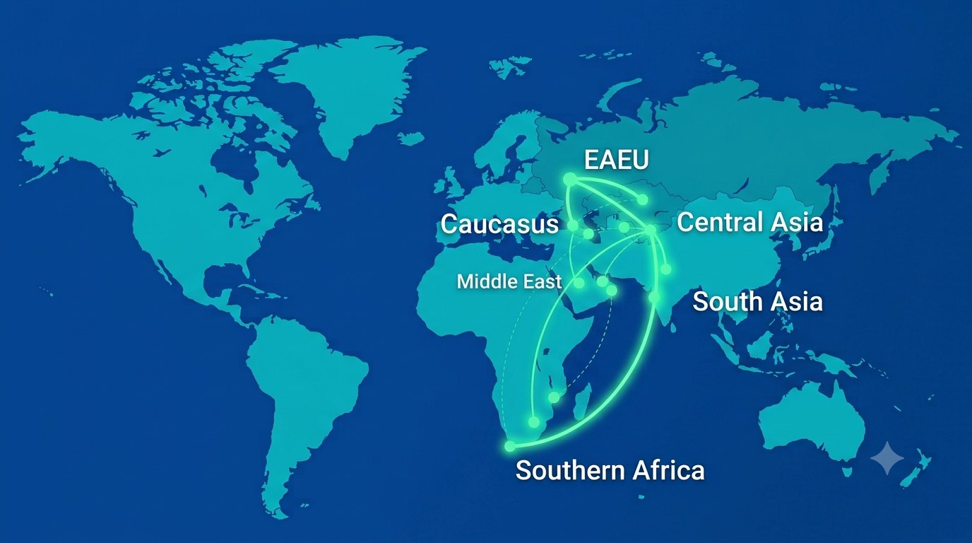World map showing VitaAir export routes to the EAEU, Caucasus, Middle East, Central Asia, South Asia and Southern Africa